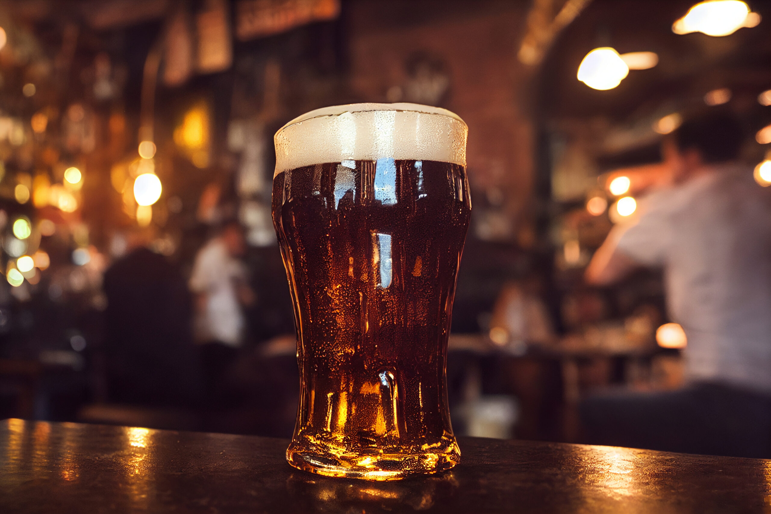 Close-up on smooth glass full of cold delicious tasty beer, with a bar in the background