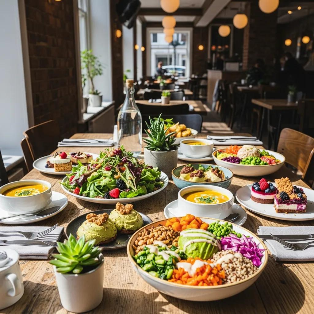 Colorful vegan dishes beautifully arranged on a dining table in a bright restaurant setting