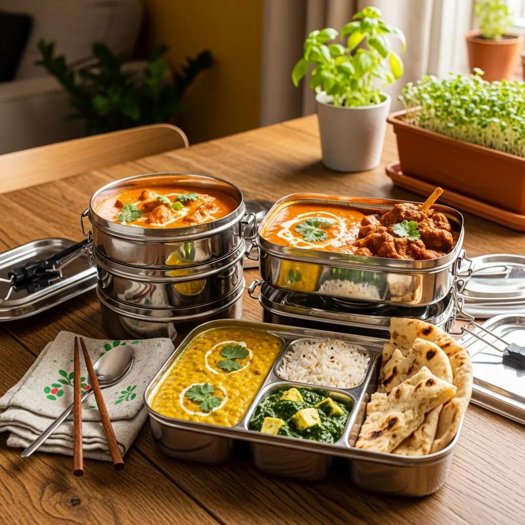 Indian takeaway in reusable tiffin boxes: colourful curries and naan