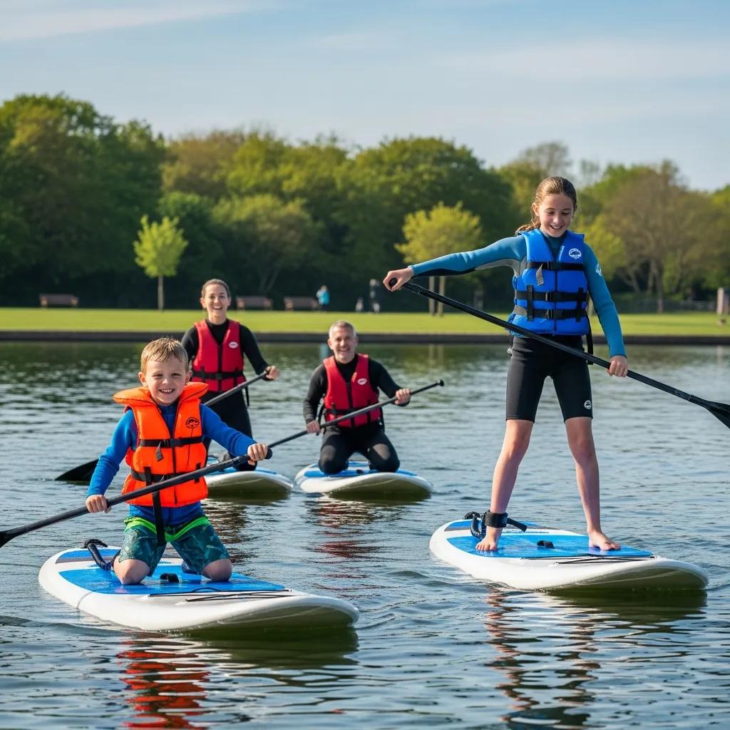 Family learning to paddleboard gently on calm water at Hove Lagoon