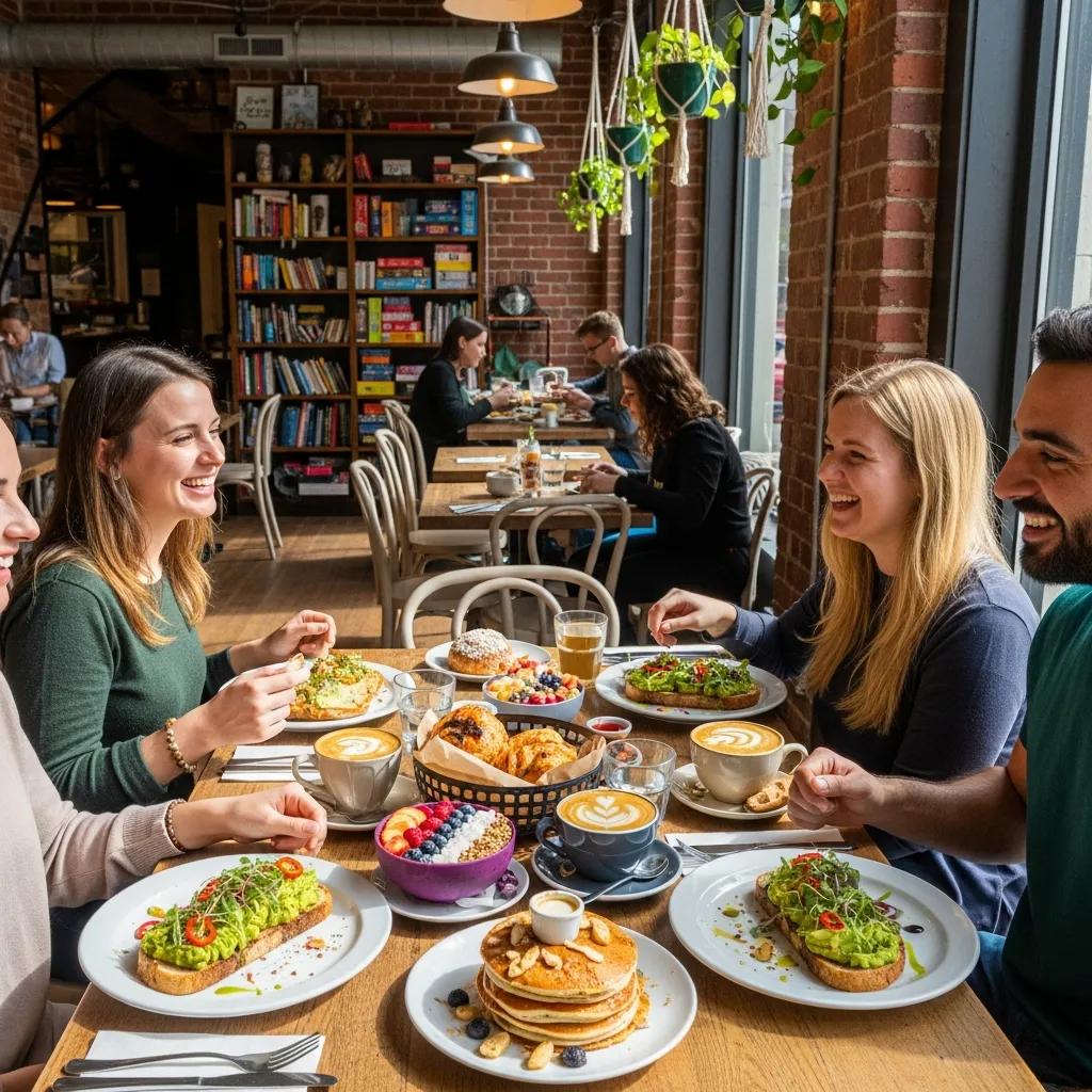 Friends sharing a colourful vegan brunch at one of the best vegan restaurants in Brighton