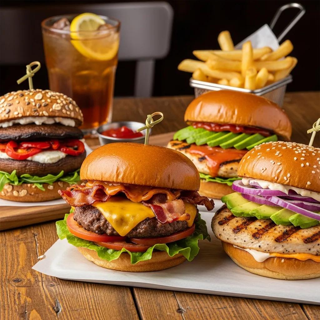 Selection of gourmet burgers with toppings and crispy fries for a cosy night in