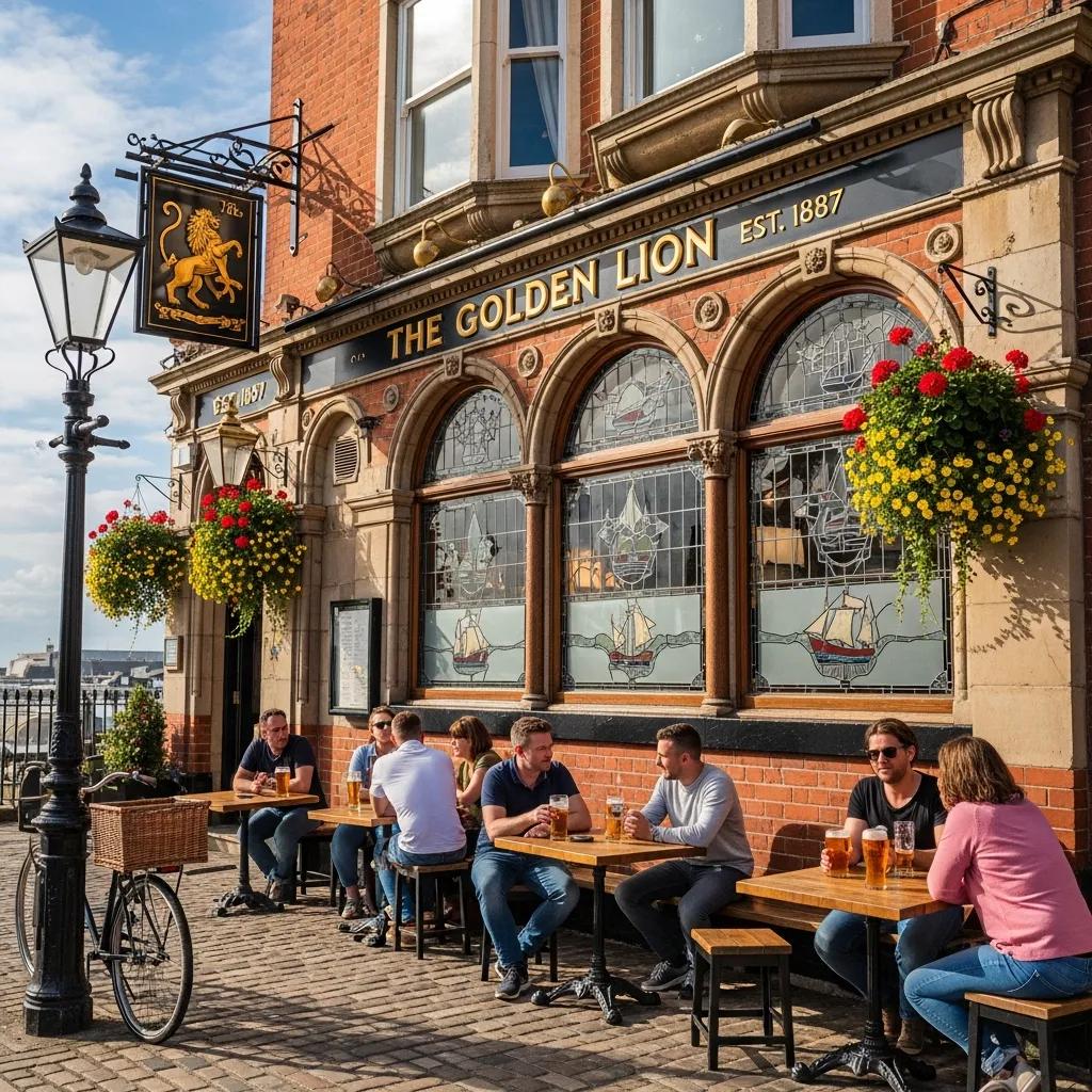 Historic pub in Brighton with patrons enjoying drinks outside, showcasing unique architecture and lively atmosphere