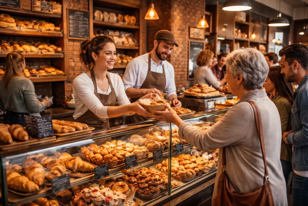 A bakery with customers and friendly staff