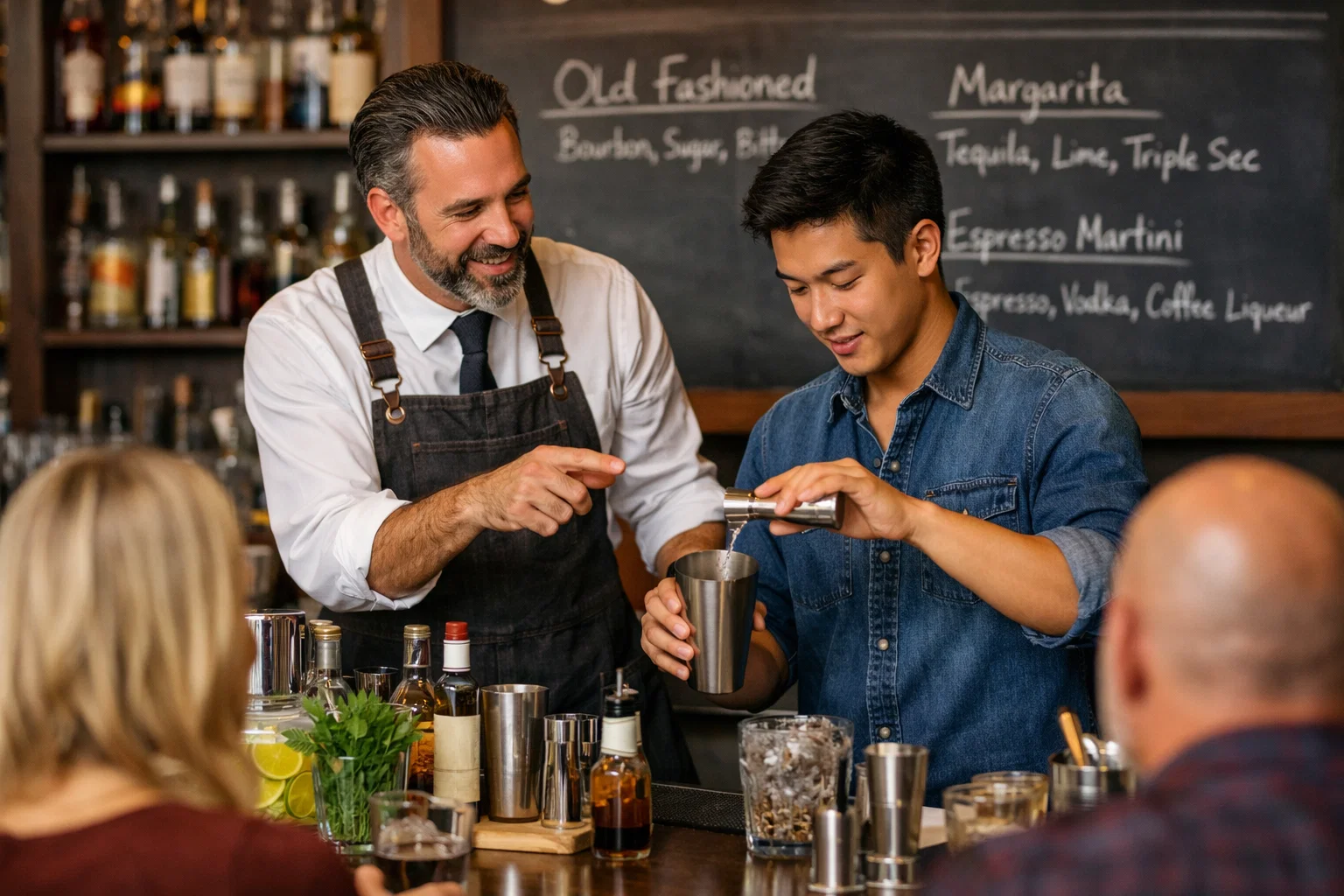a mixologist teaching a student how to do mixology in a class 