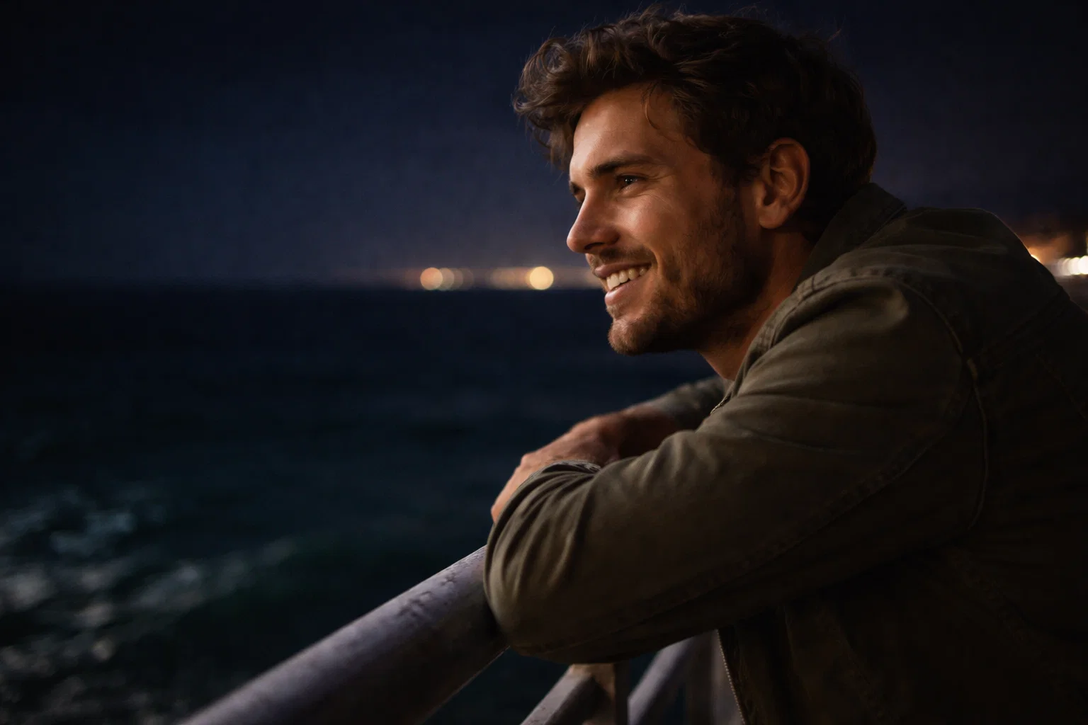 Someone smiling while looking over the railings of a pier at night time showing Things to Do in Brighton Without Drinking