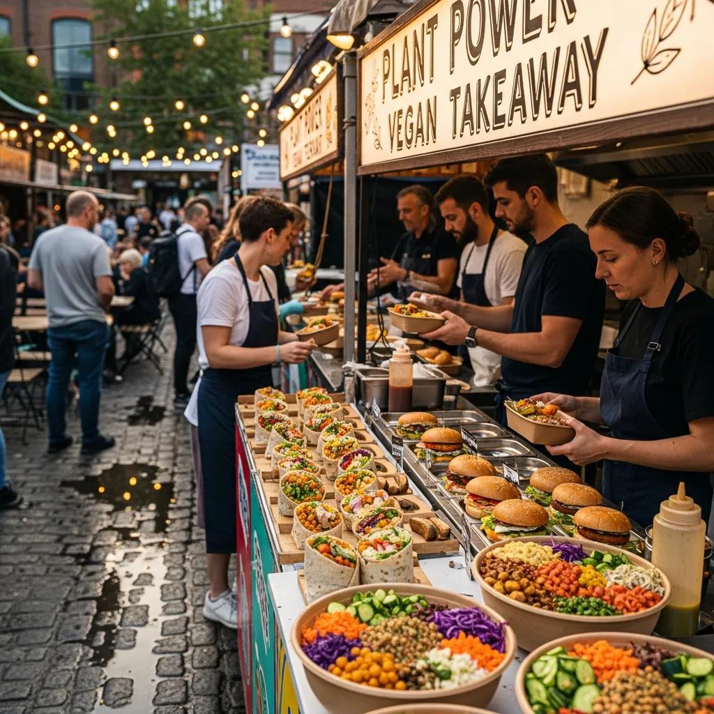 A busy street-food stall serving colourful vegan takeaway dishes