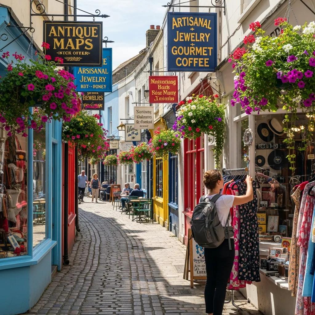 A solo traveller wandering The Lanes in Brighton, surrounded by independent shops and a cosy street vibe