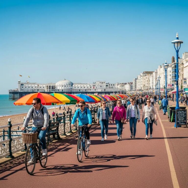 Brighton seafront with people walking and cycling, showcasing active travel options in the city
