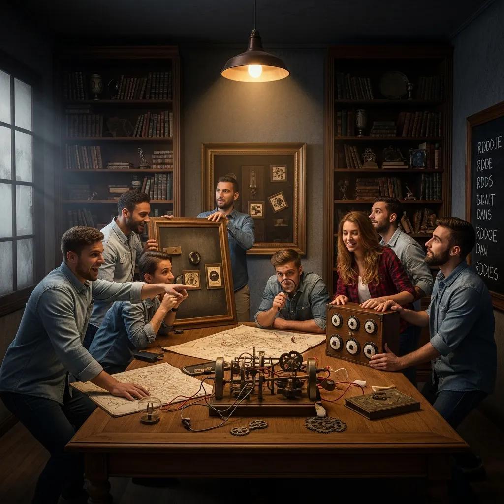 Group of friends enjoying an escape room experience in Brighton, showcasing teamwork and excitement