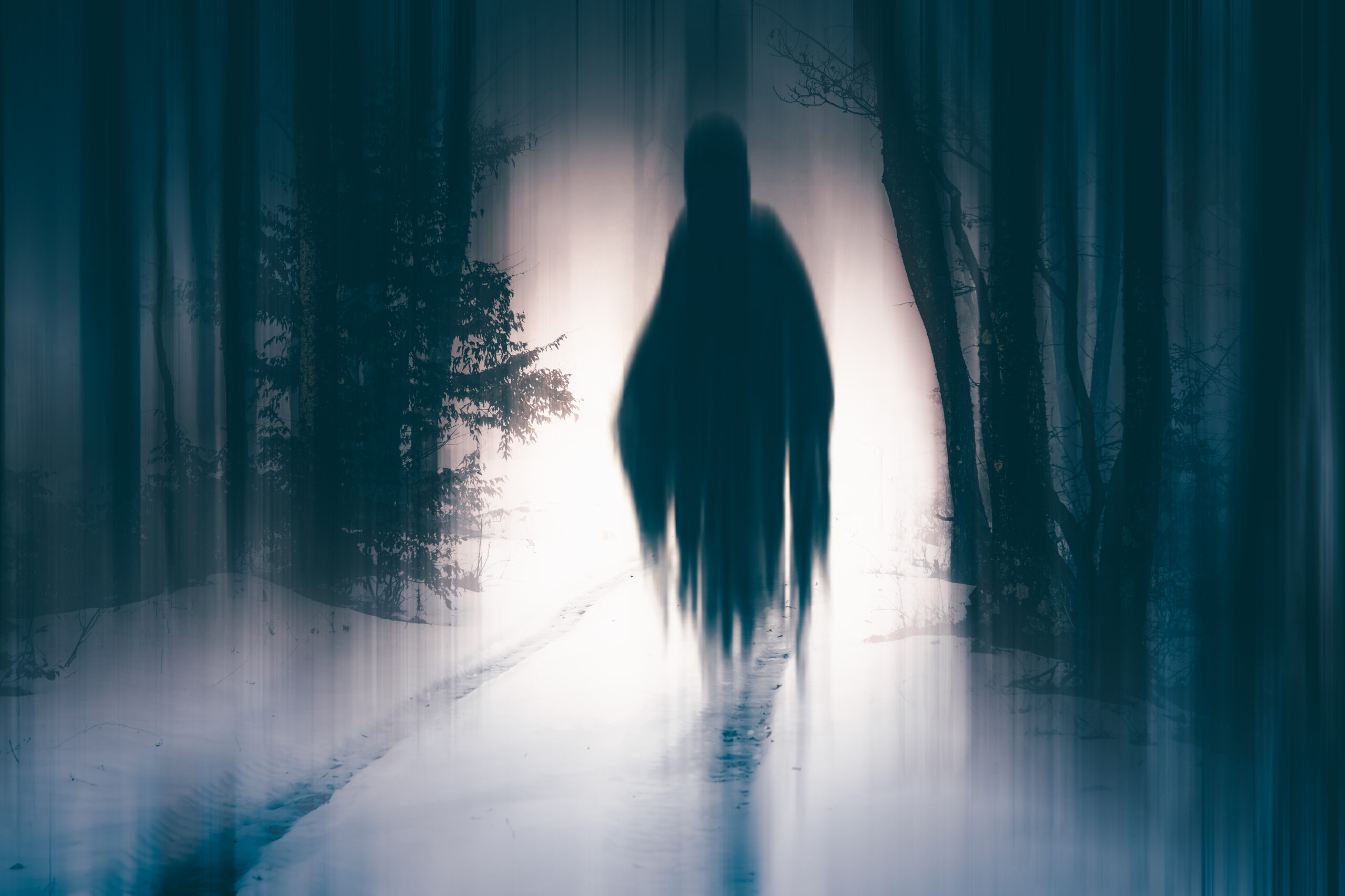 Horror background of a ghostly figure in enchanted a forest on a moody, foggy winters day. 