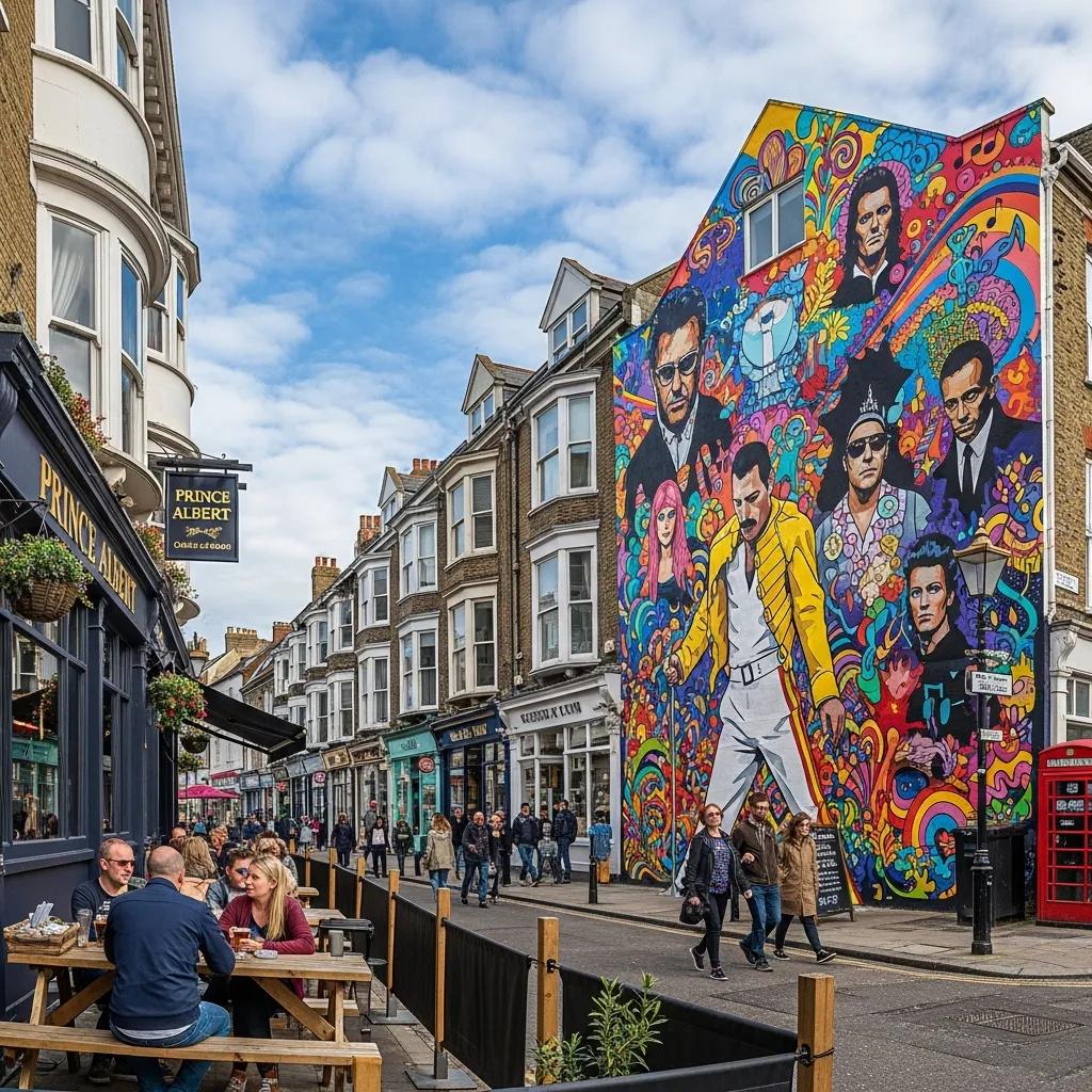 Striking murals on Trafalgar Street beside the Prince Albert Pub celebrating Brighton's music scene