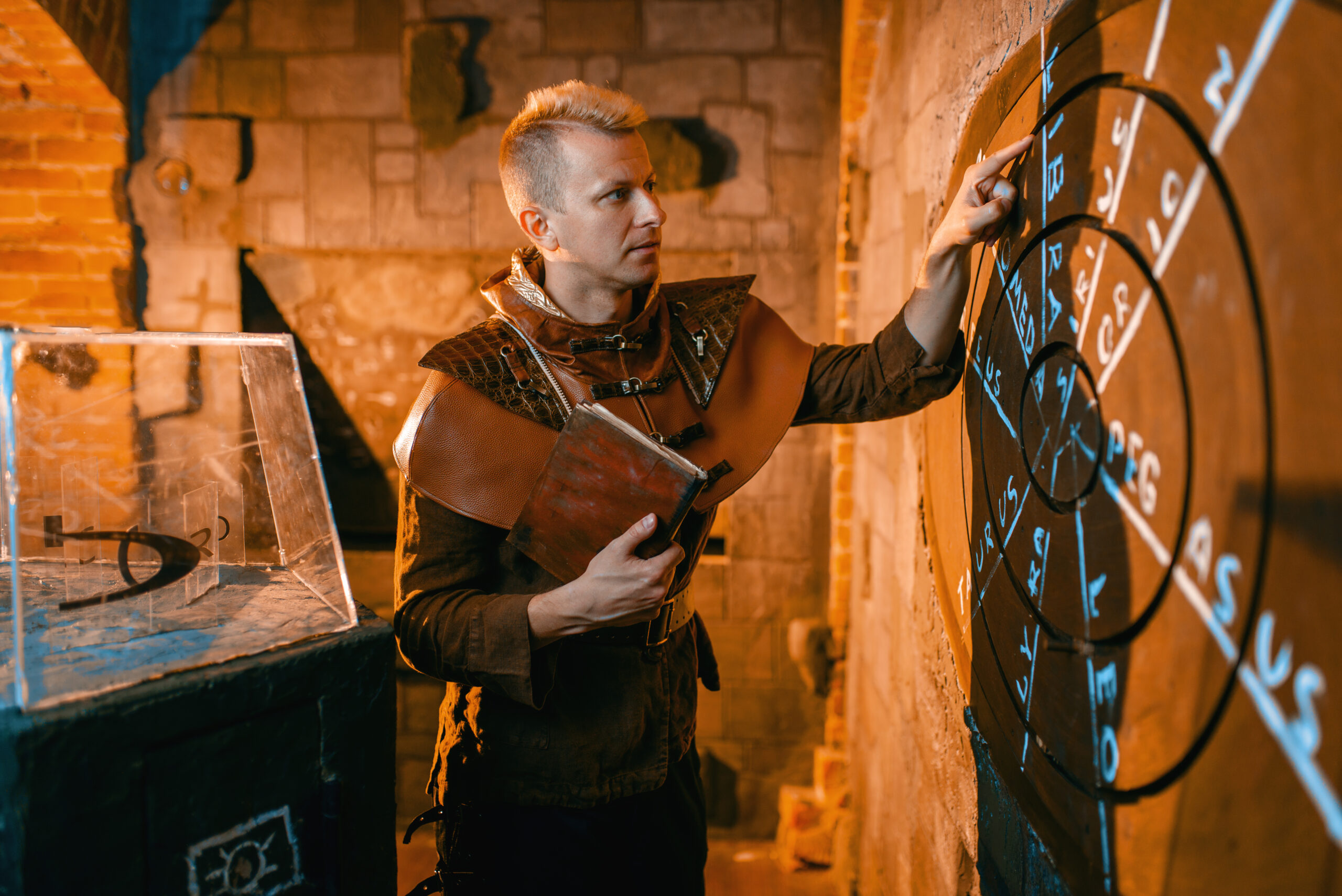 Man Solving Puzzle with a Leather Notebook