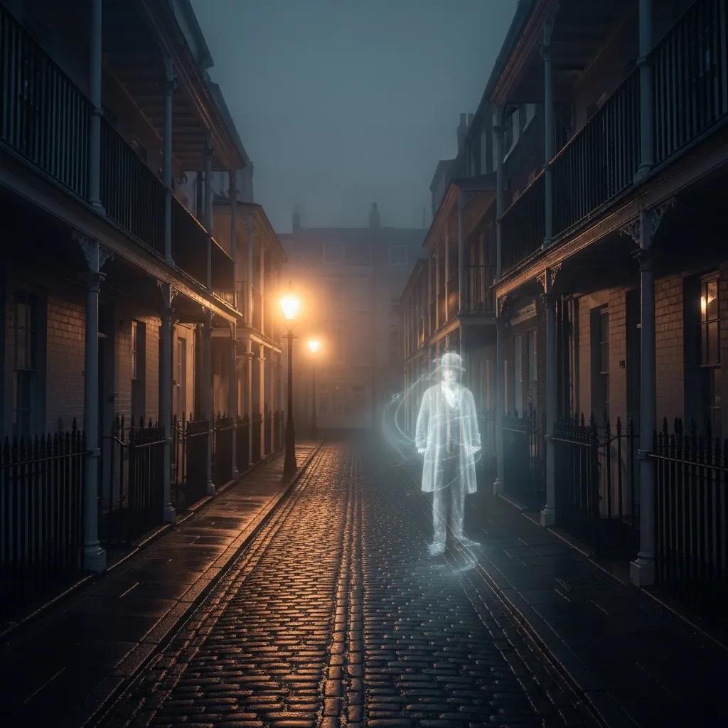 Mysterious fog-lit alley in Brighton with historic architecture and a ghostly figure, representing haunted locations