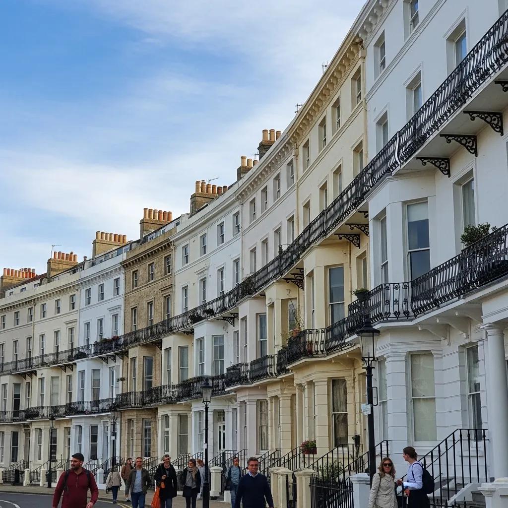Regency terraces and ironwork in Brighton. Elegant façades that shaped the seafront's look showing Brighton history
