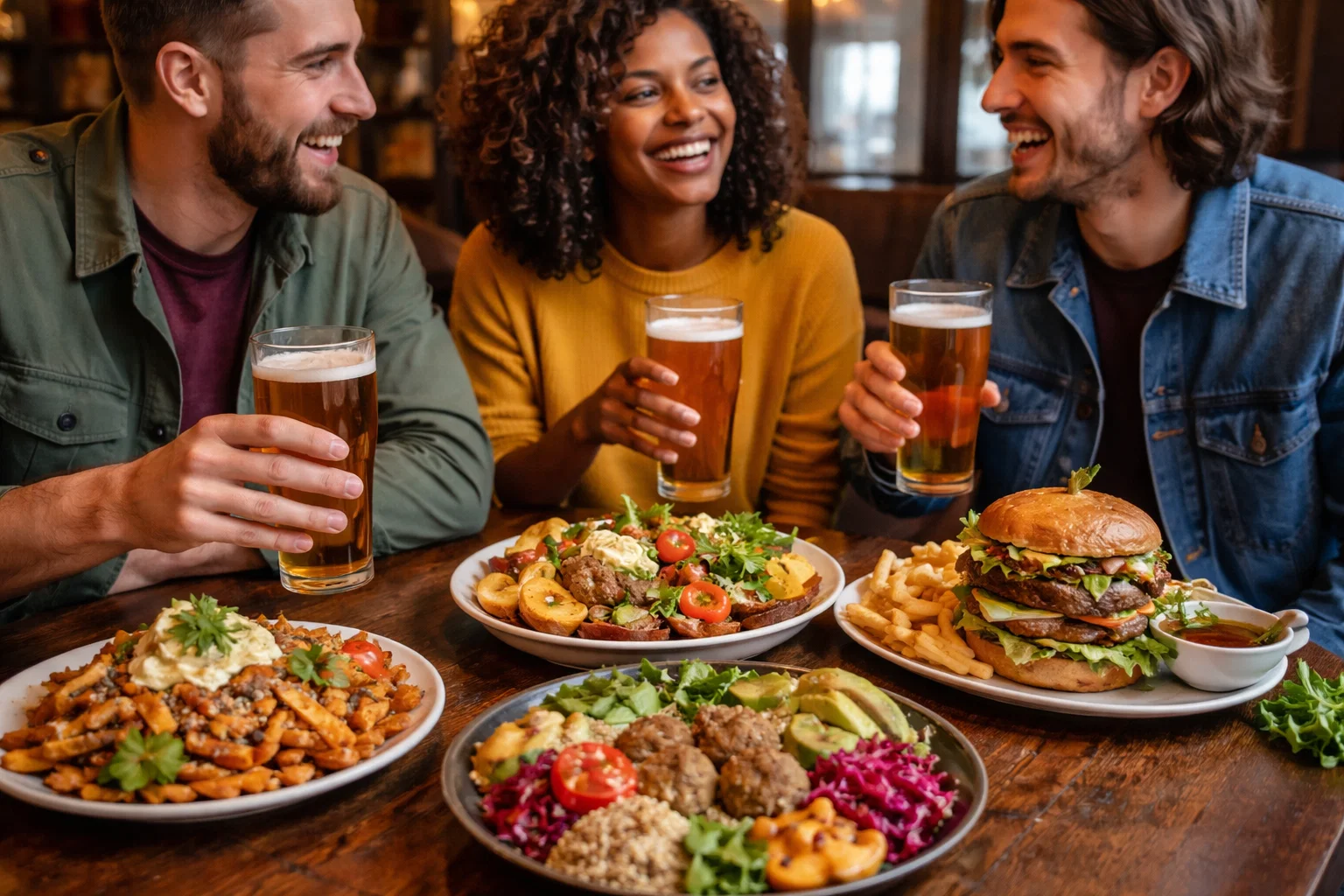 Friends in a pub with a pint of beer and a tasty looking vegan meal 