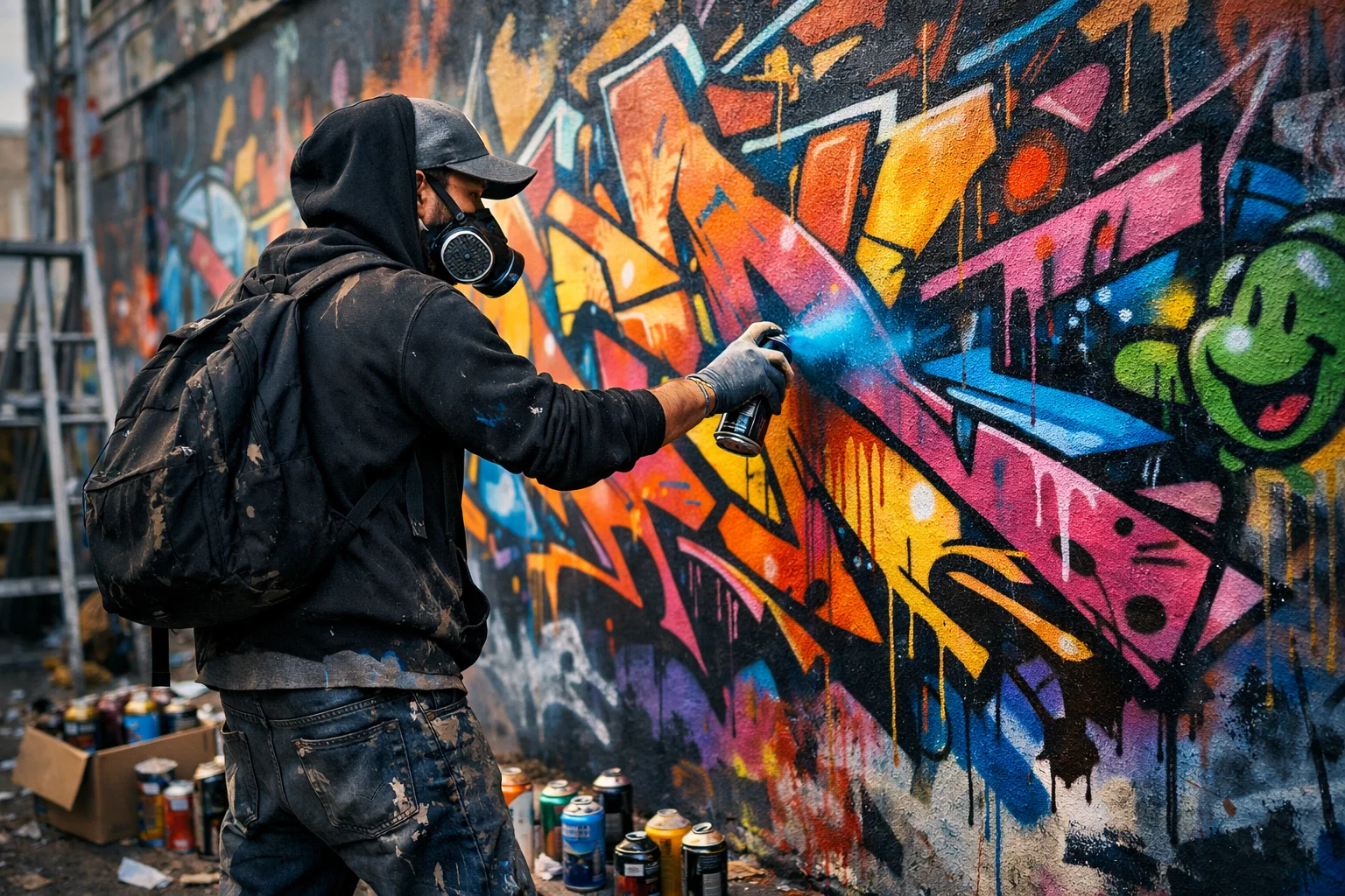 A street artist graffitiing a wall