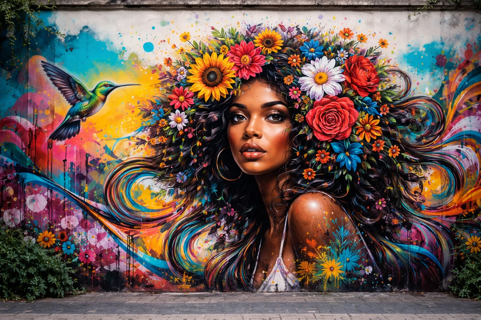 Colourful Brighton street art of a woman with flowers on her hair on a wall 