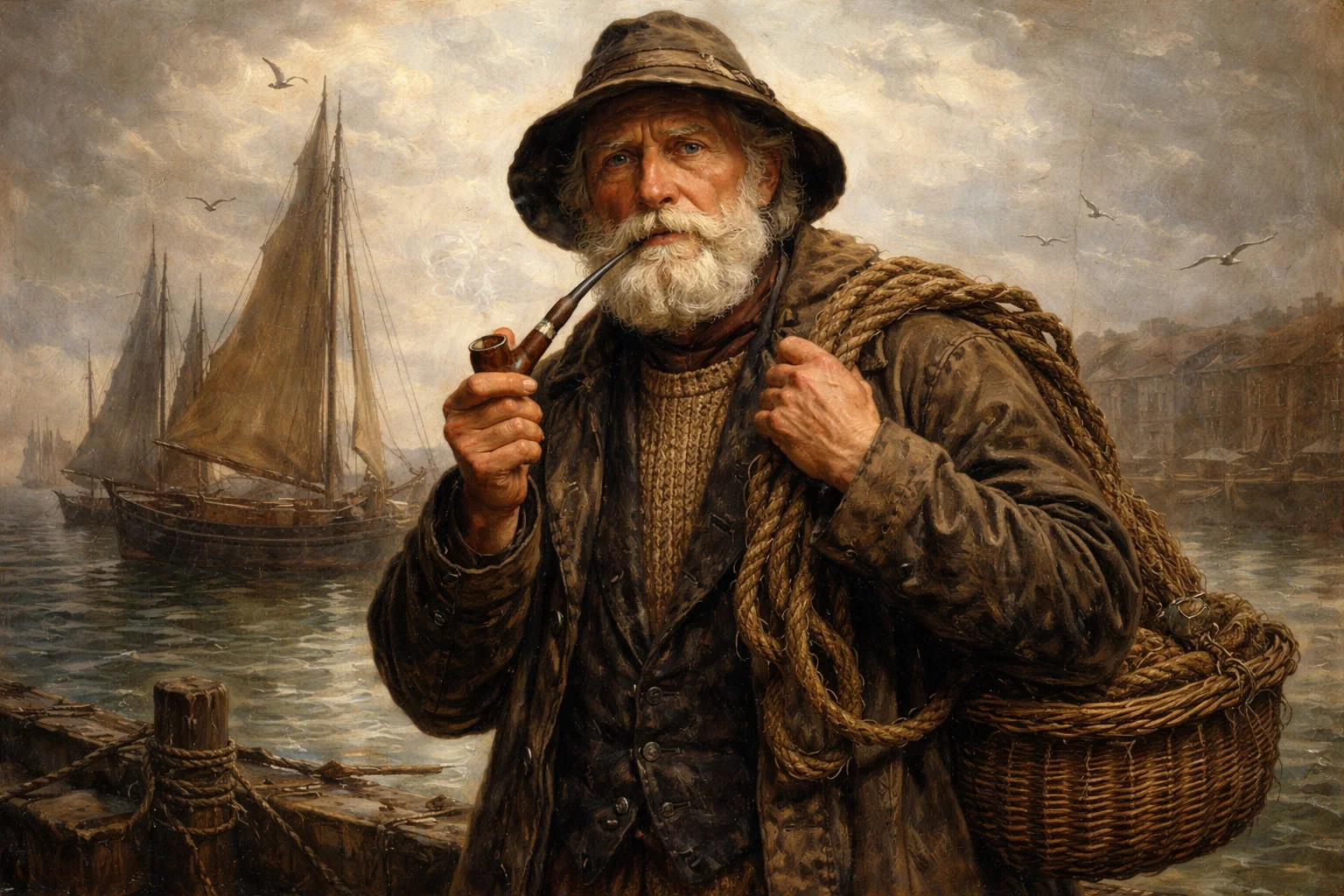 Brighton history as a fishing village showing an old English fisherman in the 1800's