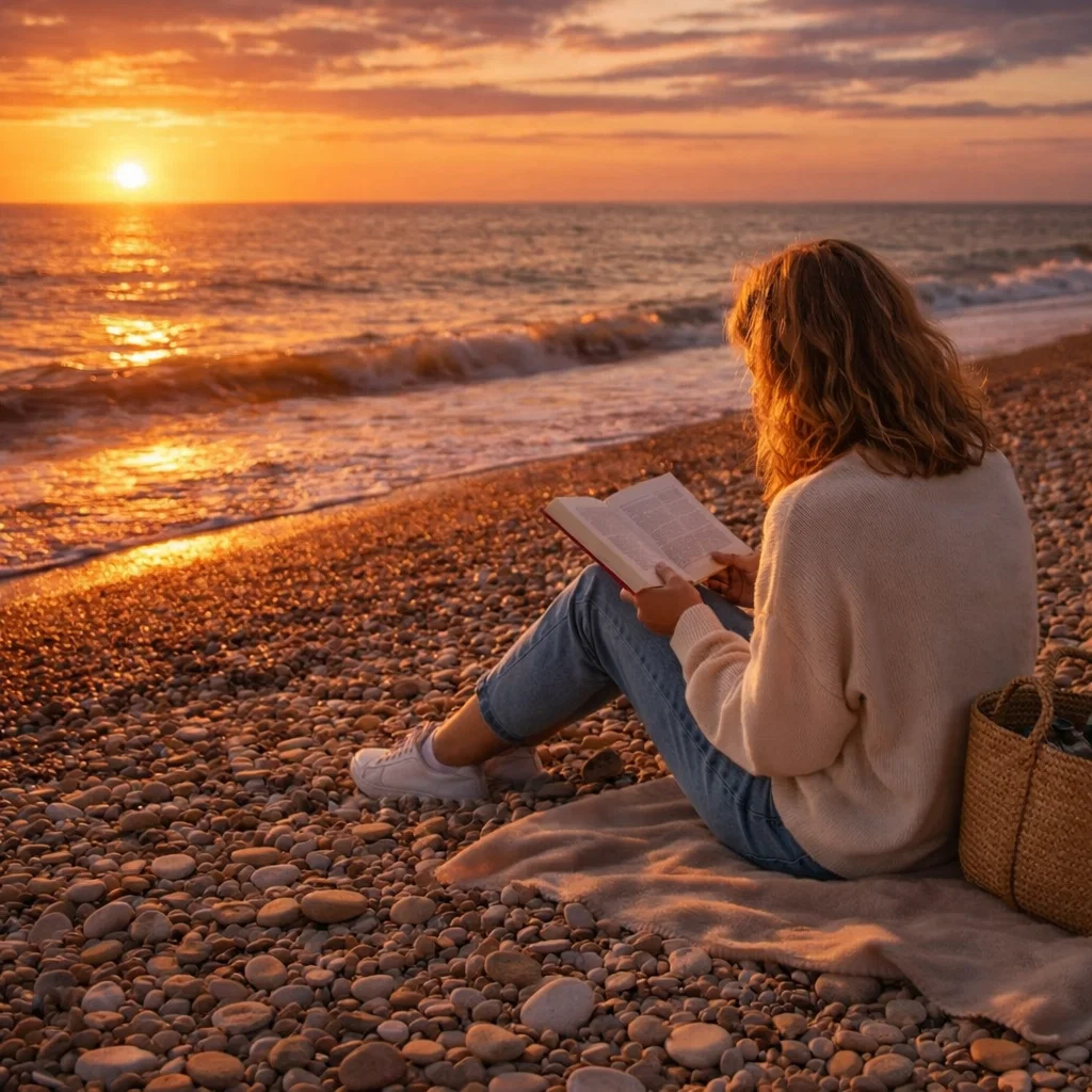 A woman reading a book on Brighton beach at sunset