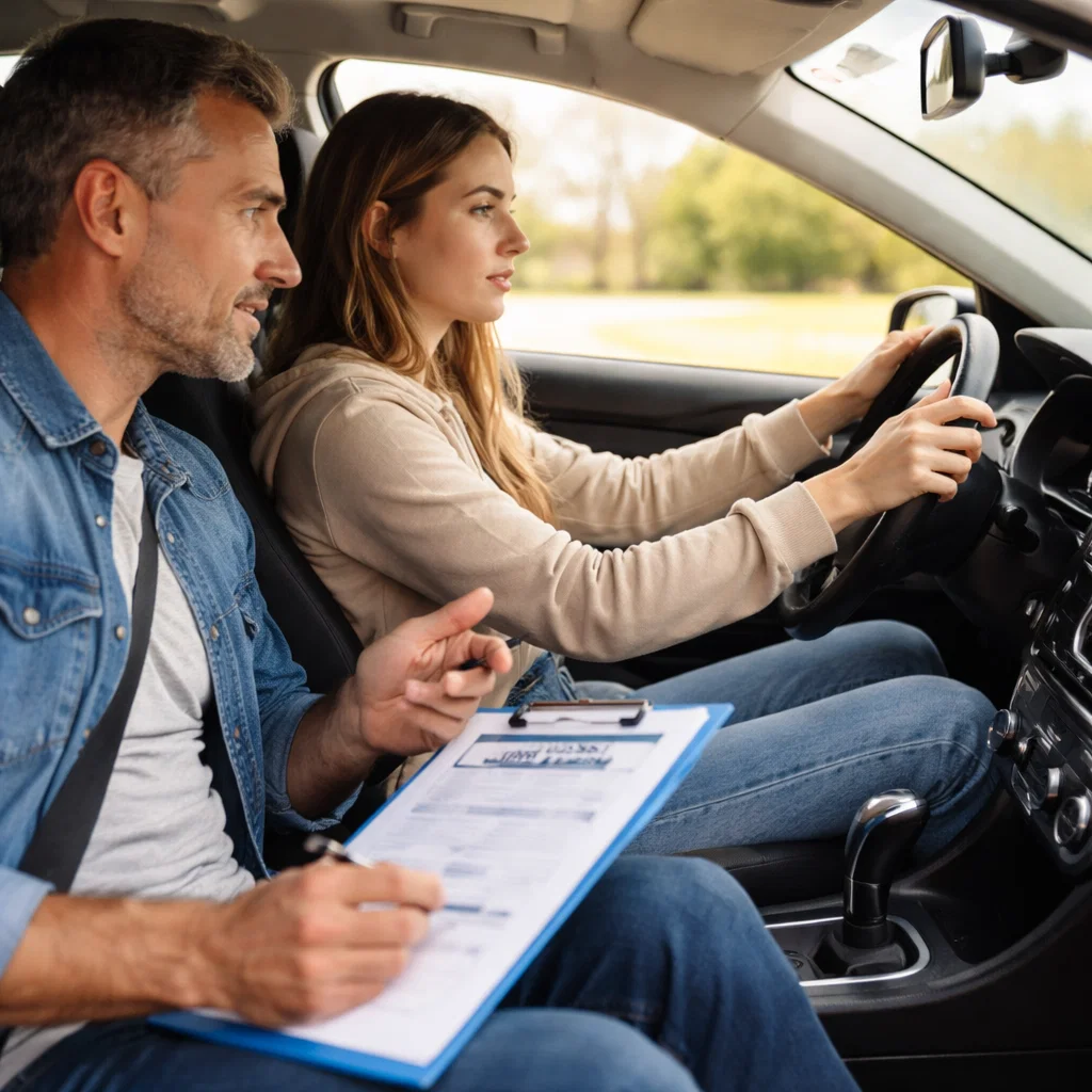 Someone learning to drive with an instructor in the car