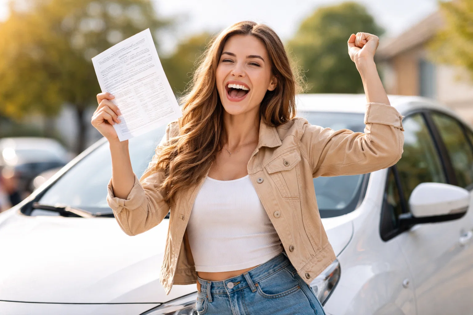 A woman celebrating in front of her car after passing her driving test. do not include any text