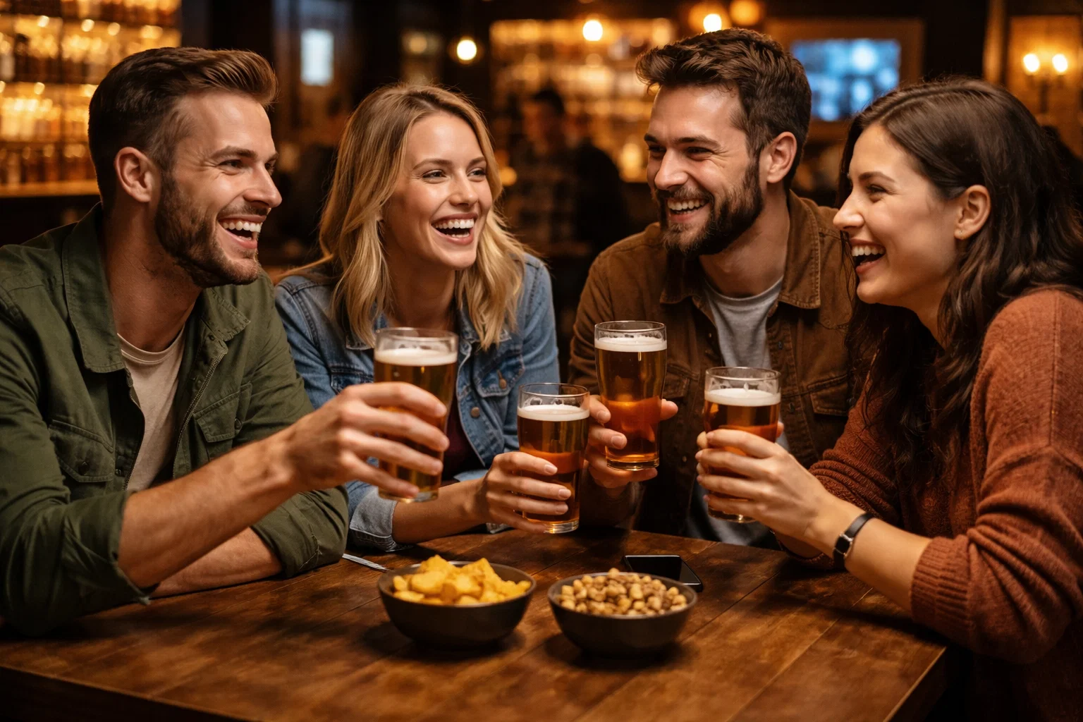 Friends having a quiet beer in a trendy pub after doing an escape room