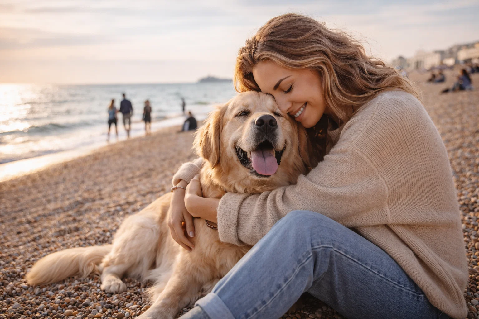 A woman hugging her dog on Brighton beach