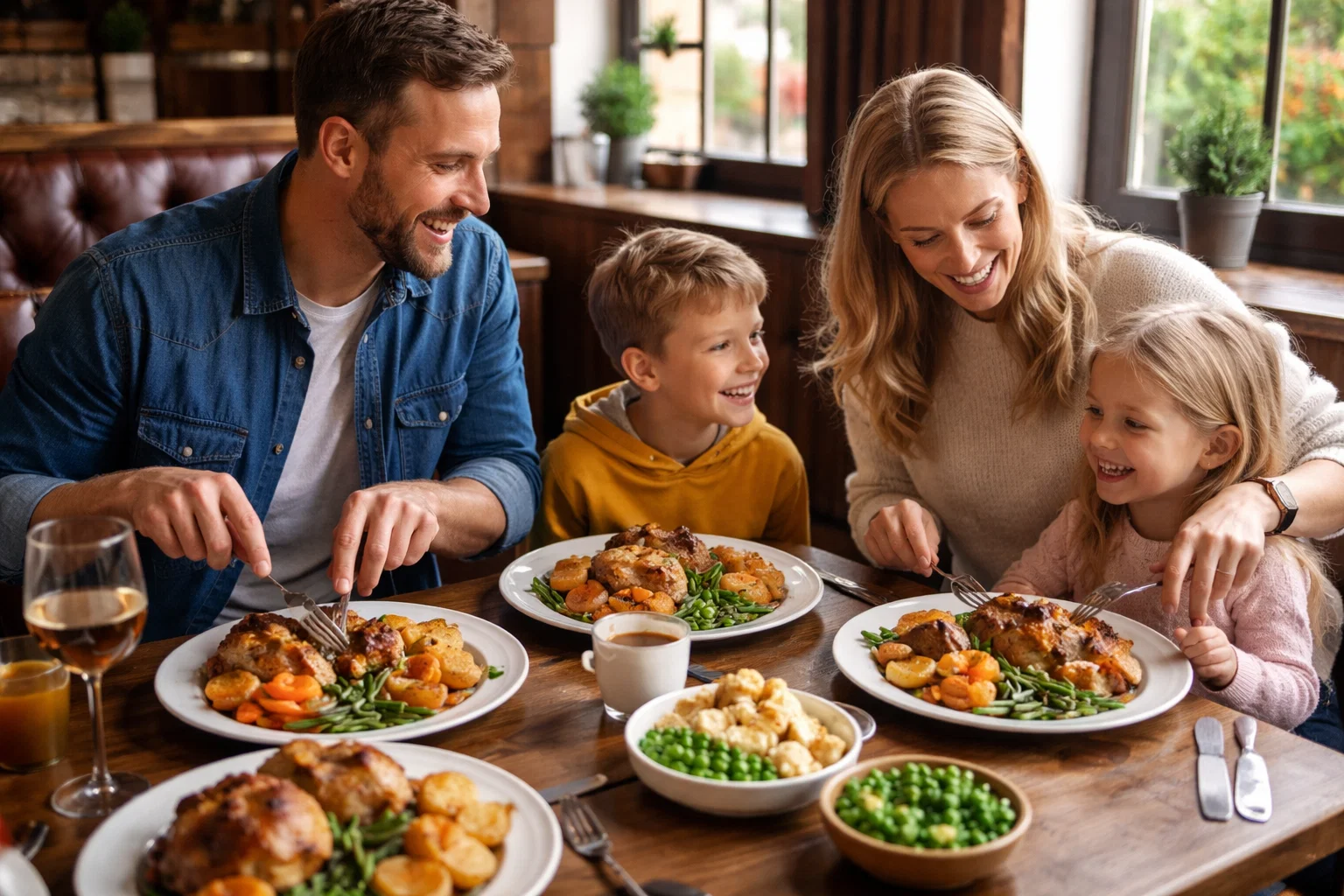 A FAMILY ENJOYING A ROAST DINNER IN A RESTAURANT 