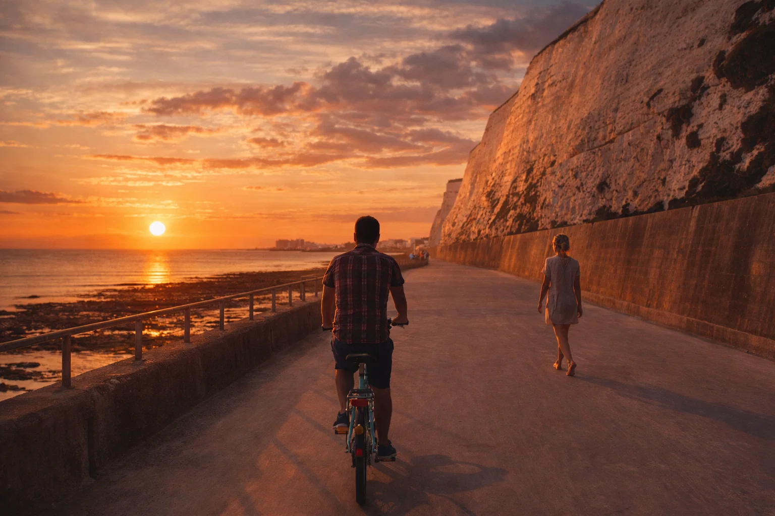 Someone cycling along Brighton seafront at sunset