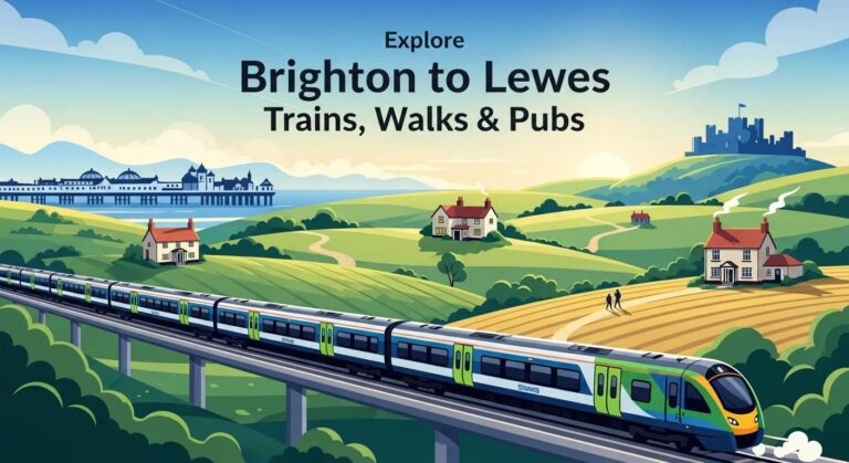 Train journey scene between Brighton and Lewes with rolling Sussex countryside