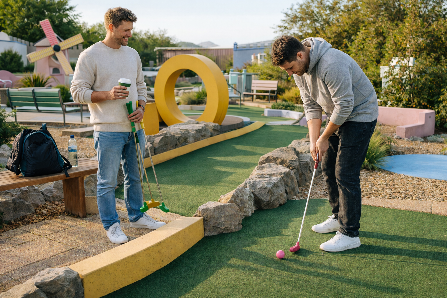 2 male friends play mini golf in Brighton outside