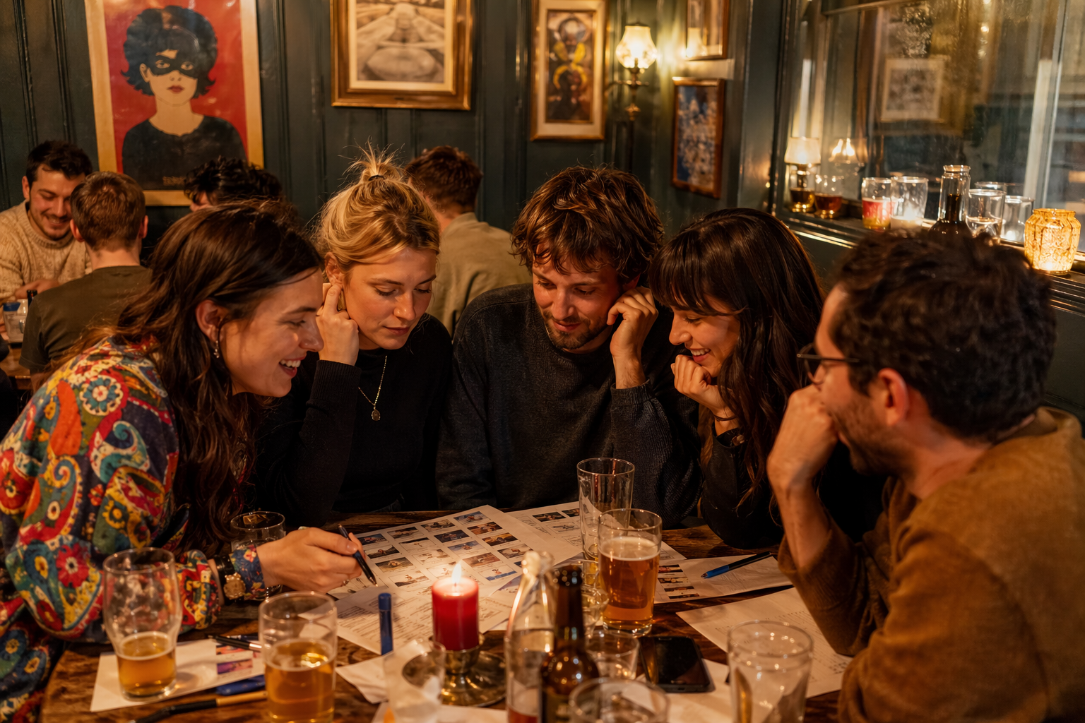 A group of friends taking part at one of the pub quizzes in Brighton on a Monday night