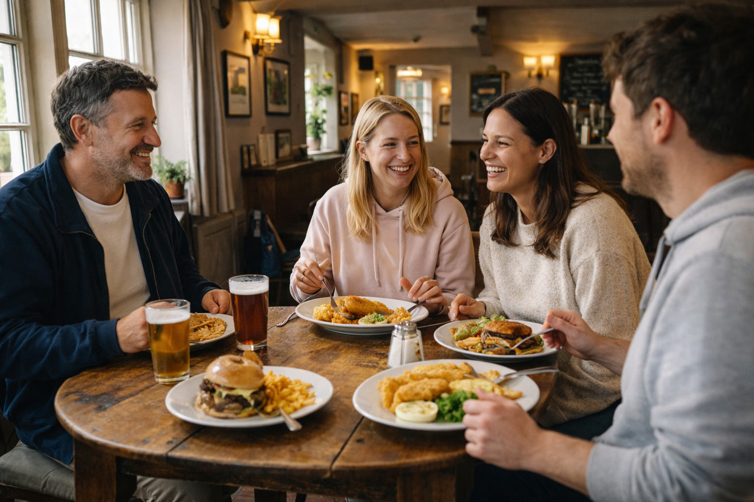 Cosy UK pub interior with warm daylight from windows, relaxed group in casual clothes sharing a meal at a wooden table.