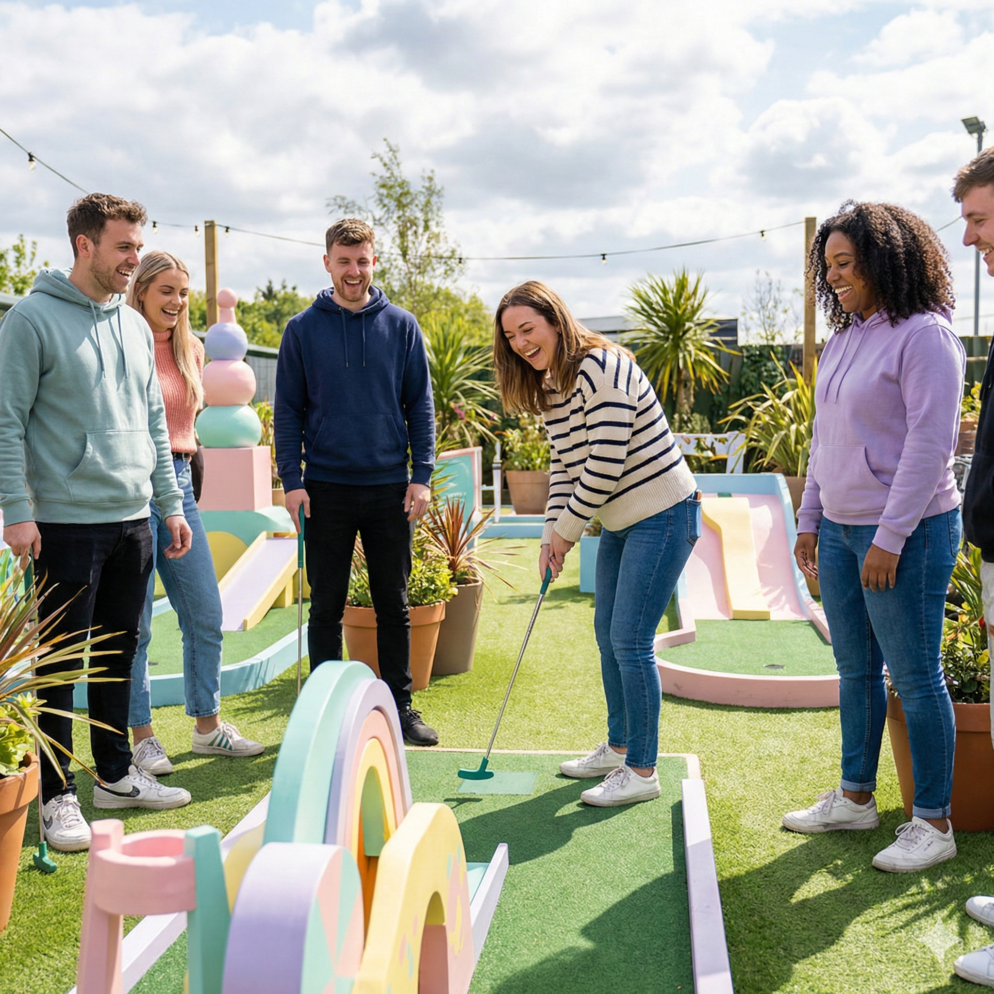 A family playing mini golf in Brighton
