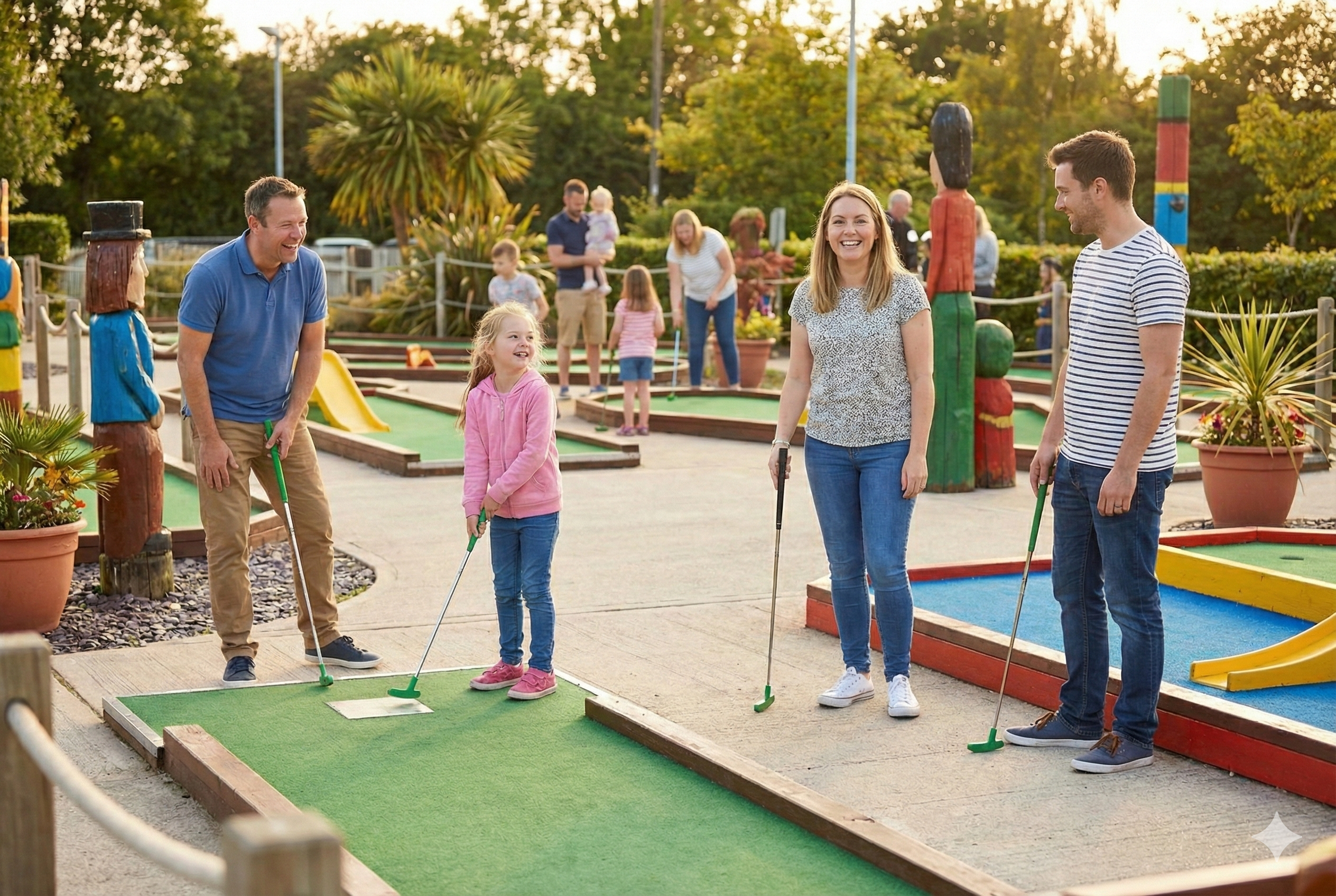 A family playing mini golf in Brighton outside