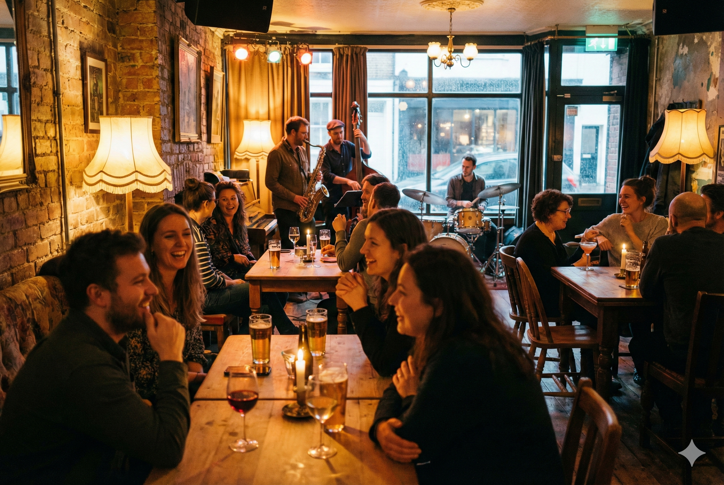 Brighton bar interior with a small live jazz setup in the background, friends chatting softly at tables