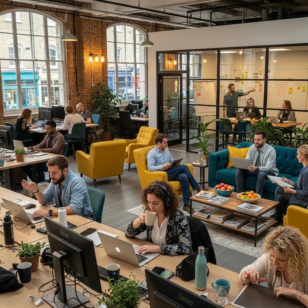 Brighton coworking space with professionals collaborating and working in a vibrant environment