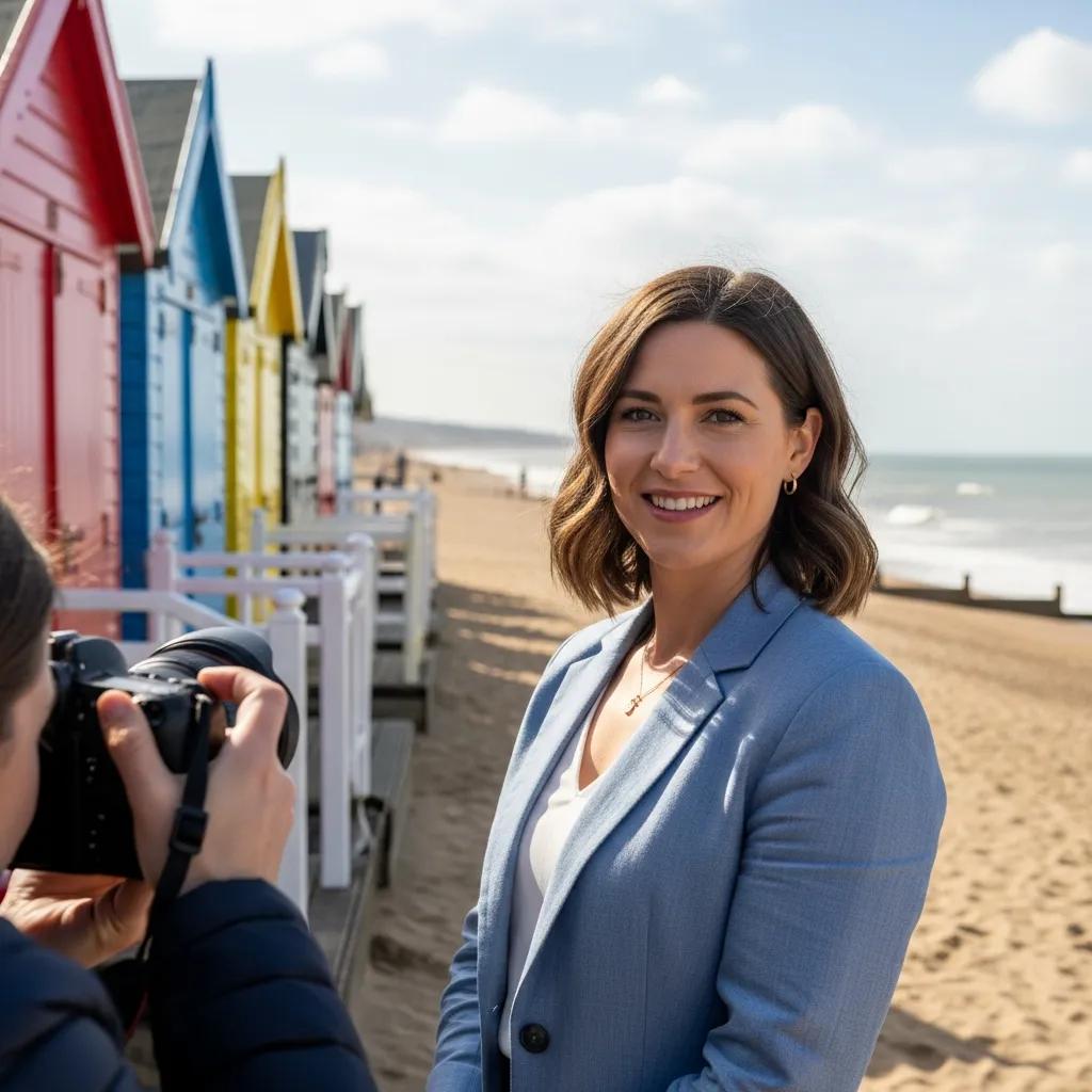 Headshot session on Hove beach with colourful beach huts