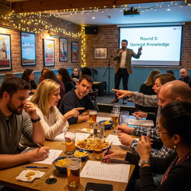 Lively pub quiz night in Brighton with diverse participants enjoying drinks and snacks