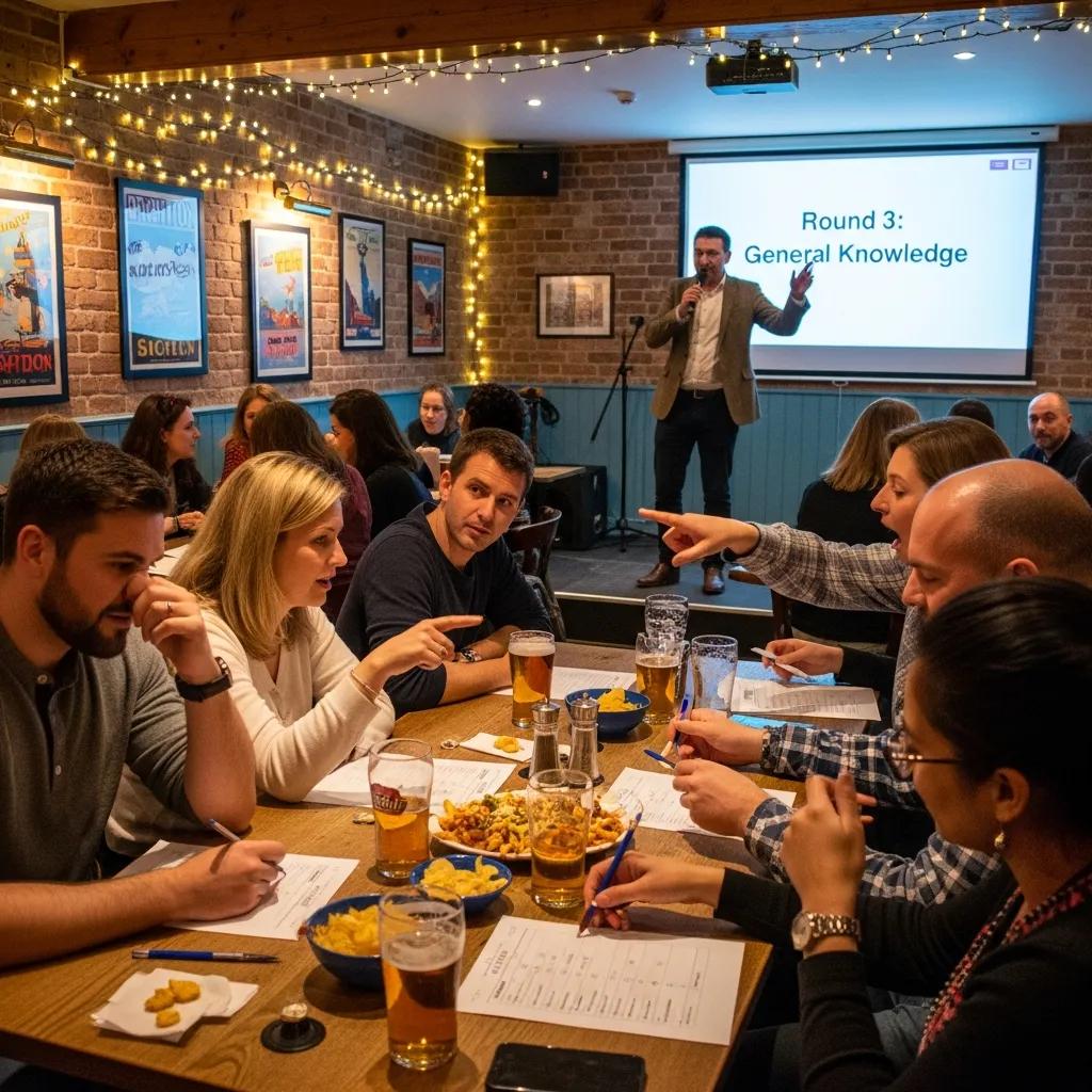 Lively pub quiz night in Brighton with diverse participants enjoying drinks and snacks