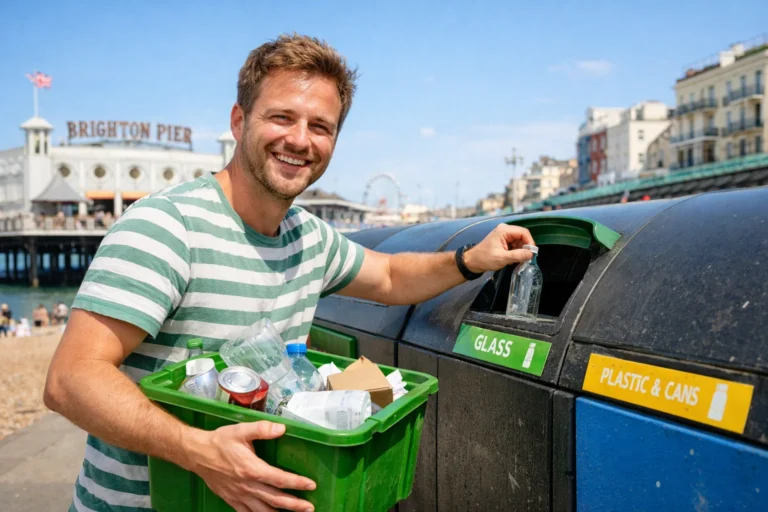 A man doing recycling in Brighton and looking happy on a summers day