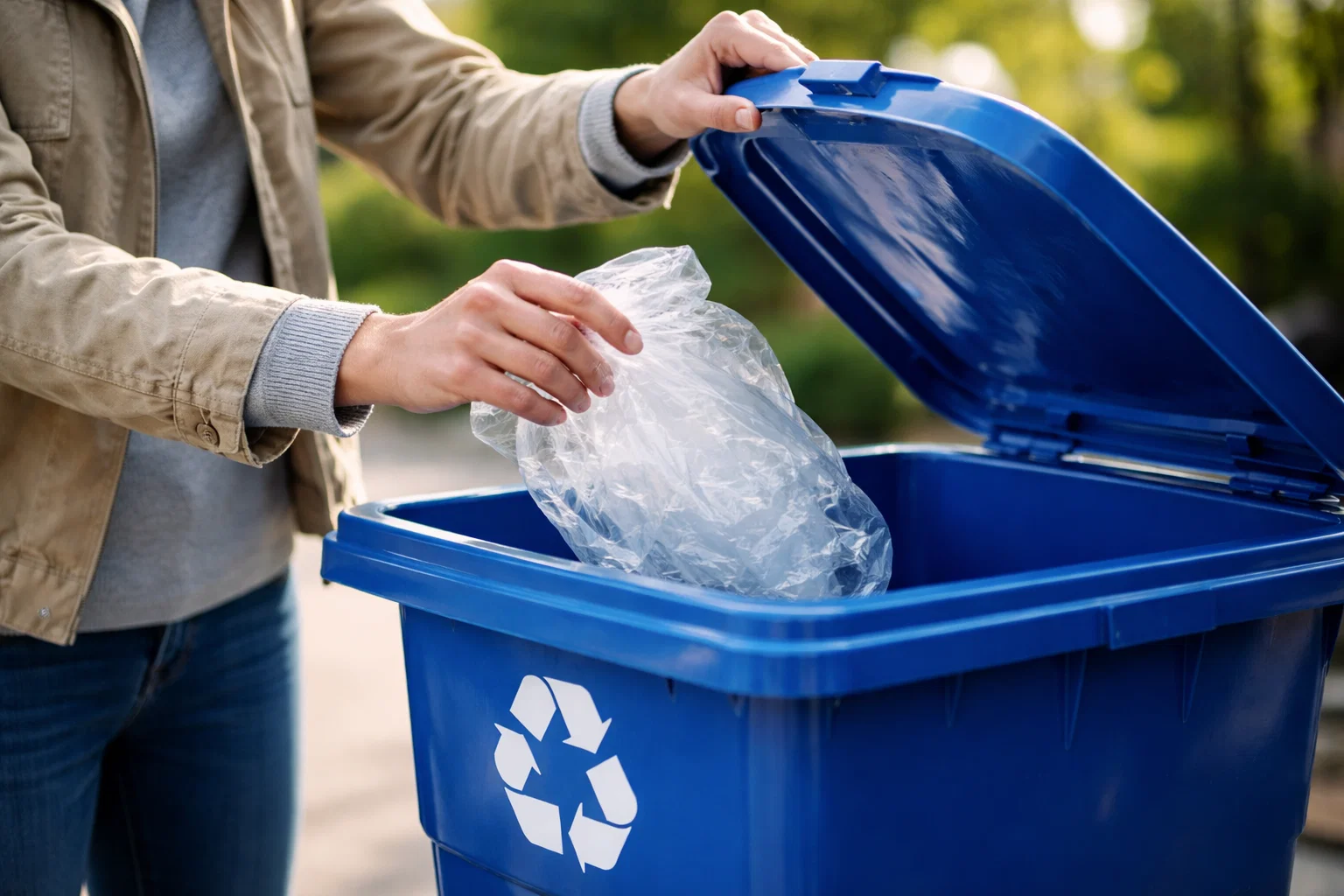 Someone putting a plastic bag in the recycling bin