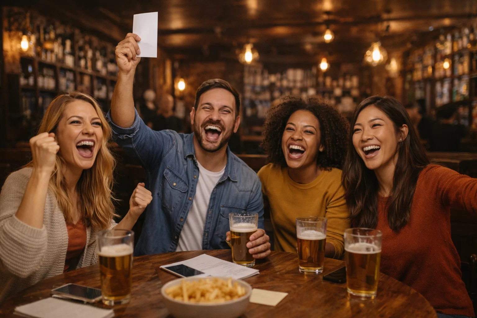 People celebrating winning a pub quiz