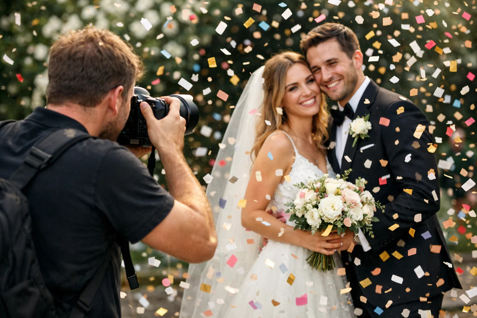 A wedding photographer taking a photo of a bride and groom with  confetti falling