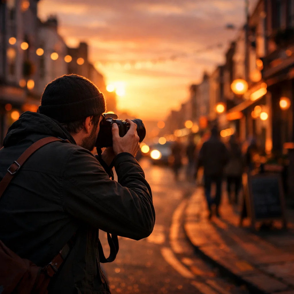 A cinematic image of a photographer taking a photo in Brighton on the street at sunset.