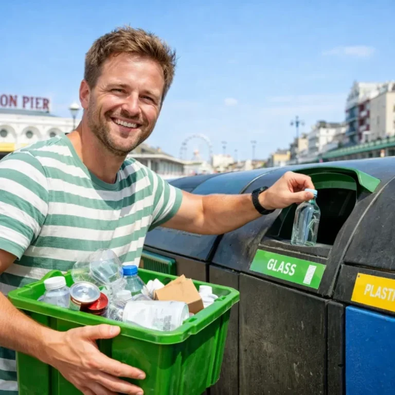 A man doing recycling in Brighton and looking happy on a summers day