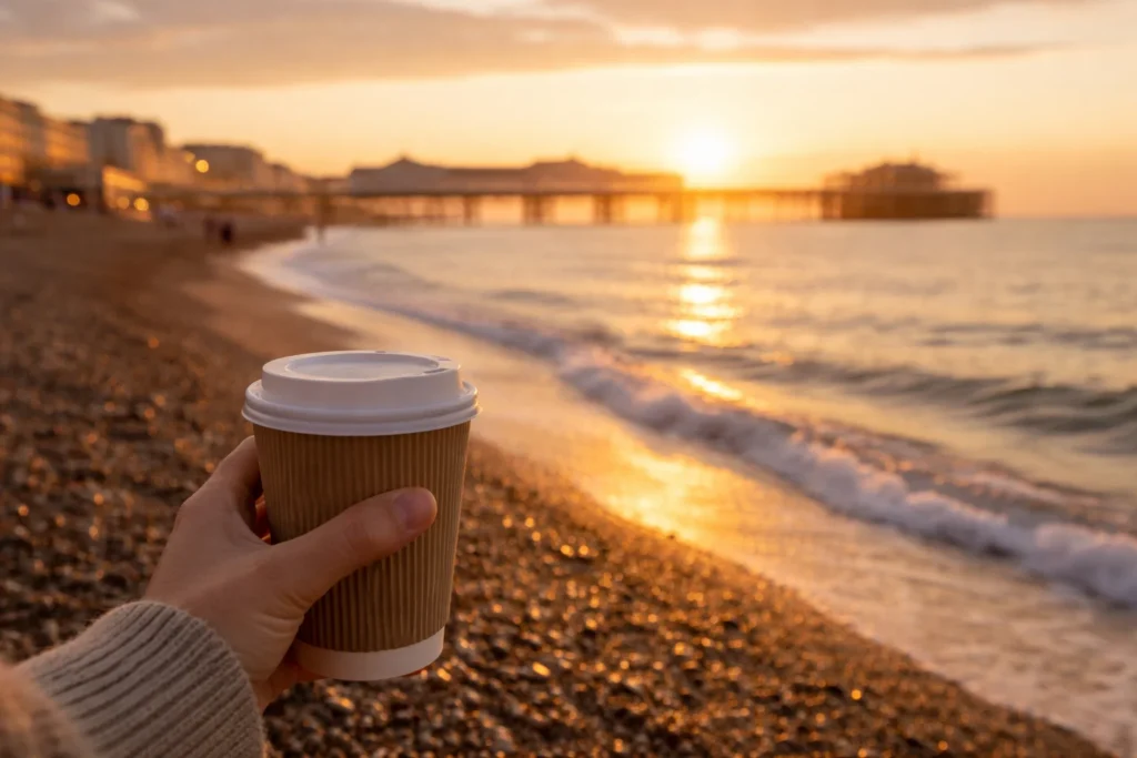 Ultra realistic photo, Brighton seafront at sunrise, person holding takeaway coffee, soft golden light, gentle waves, shallow depth of field.