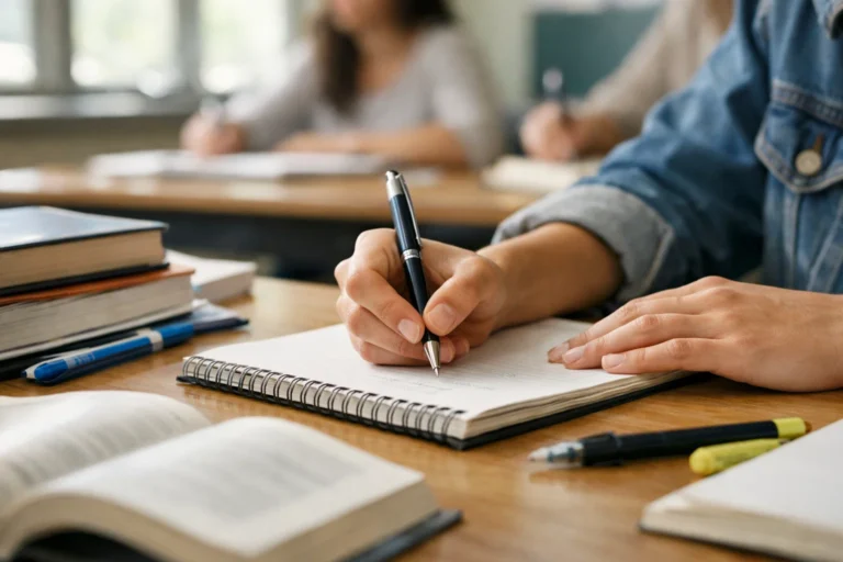 Someone taking notes in a notebook next to a stack of textbooks