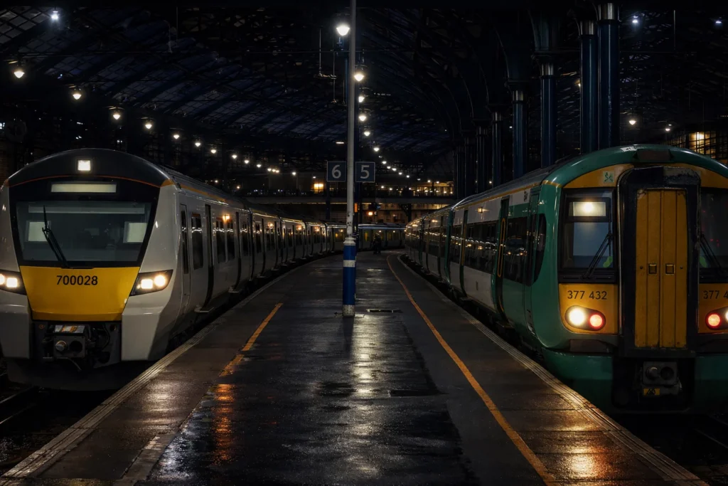 Trains pulling in at Brighton station at night